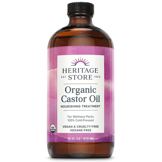 HERITAGE STORE Organic Castor Oil - Glass Bottle - Nourishing Treatment for Hair and Skin - Eyelash Serum for Eyelashes, Brows, Castor Oil Packs - Cold Pressed, Hexane Free, Vegan 16oz