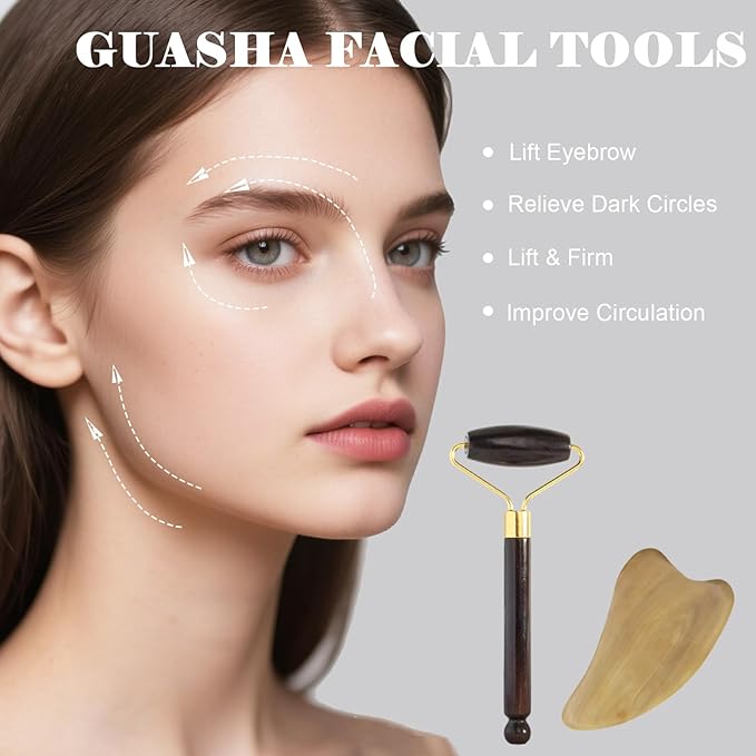 Wooden Gua Sha Facial Massage Tool and Roller Set, Facial Massager for Face, Neck, Eyes, Reduces Puffiness, Improves Wrinkles, Suitable for Women Care, Great Mother's Day Gift for Mom, Grandma