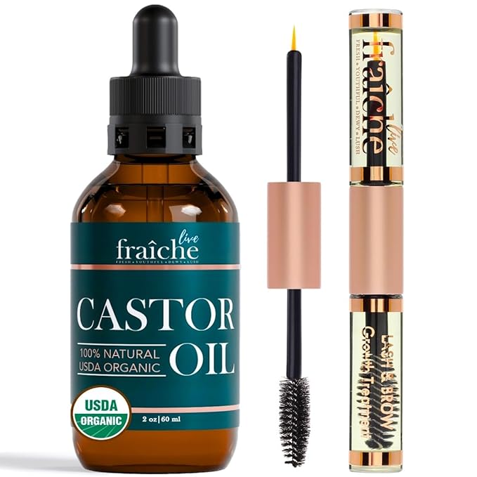 Organic Castor Oil Lash Serum for Hair Growth, 100% Pure Eyebrow Eyelash Growth Serum, Cold Pressed Hexane Free (2oz Glass Bottle + FILLED Mascara Tube)