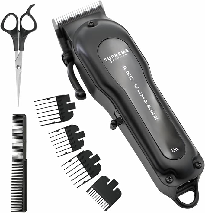 Supreme Trimmer Pro Clipper Lite | 210 Min Run Time Professional Hair Cutting Tool Set + Hair Comb, Scissors & Fade Blade | STC5000