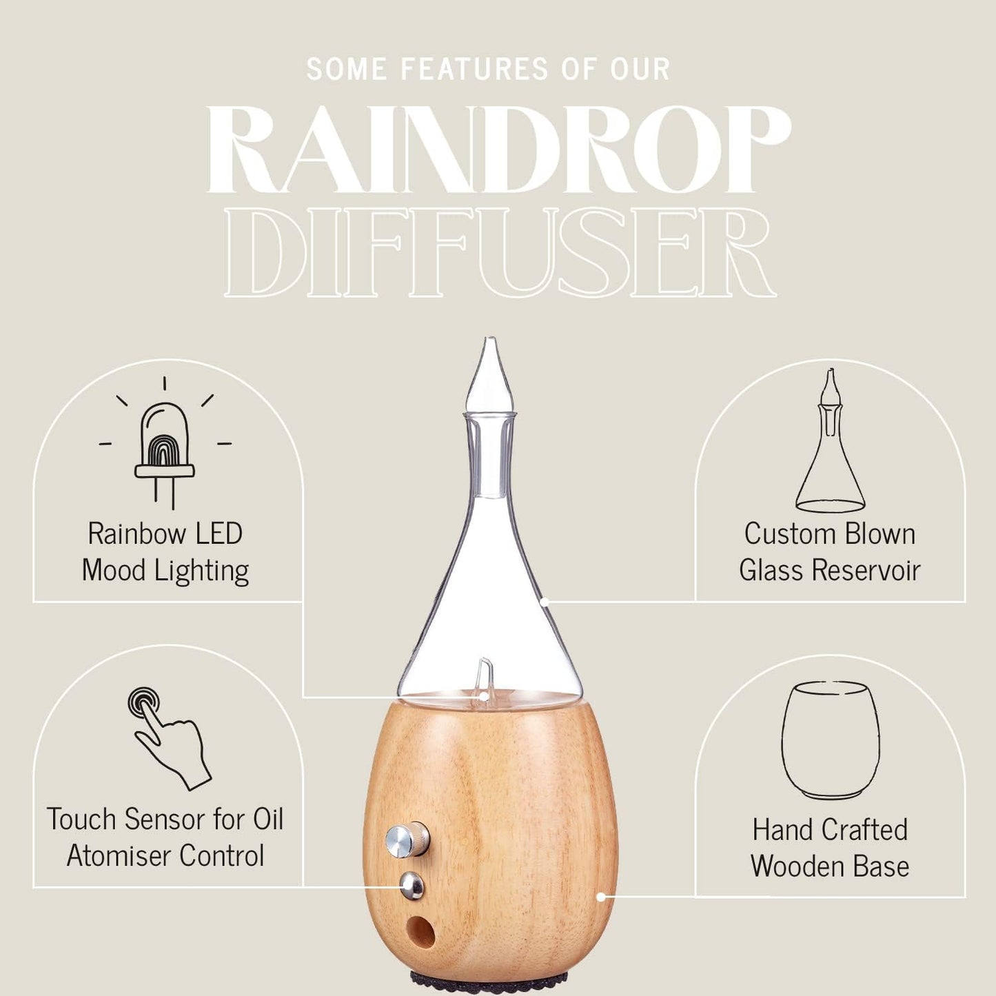 Raindrop 2.0 Nebulizing Diffuser for Essential Oil Aromatherapy Light-Colored Wood Base
