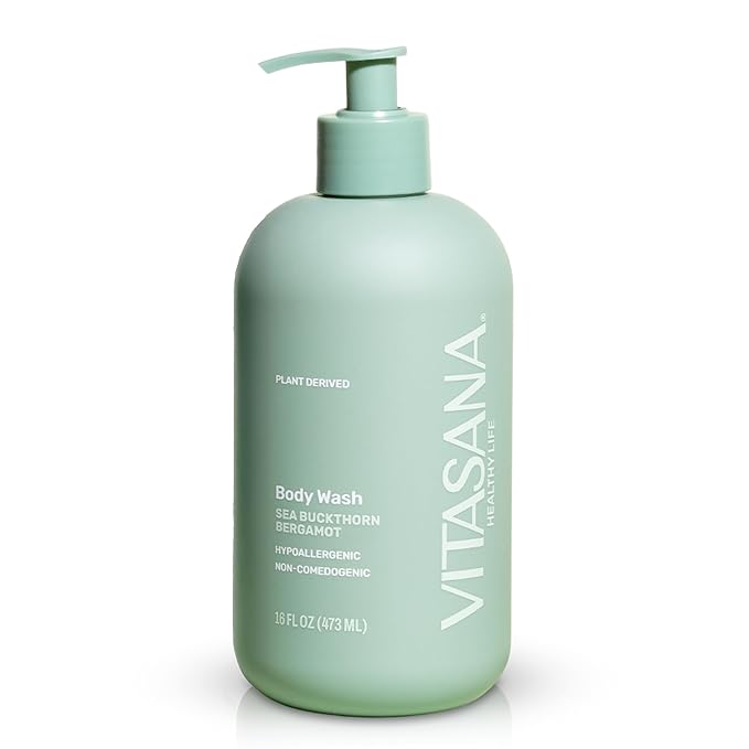 Vitasana Natural Body Wash for Sensitive Skin, 16 oz – Sea Buckthorn & Bergamot Scent, 98.9% Plant‑Derived, EWG Verified, Hypoallergenic, Paraben‑Free, Sulfate‑Free, Cruelty‑Free