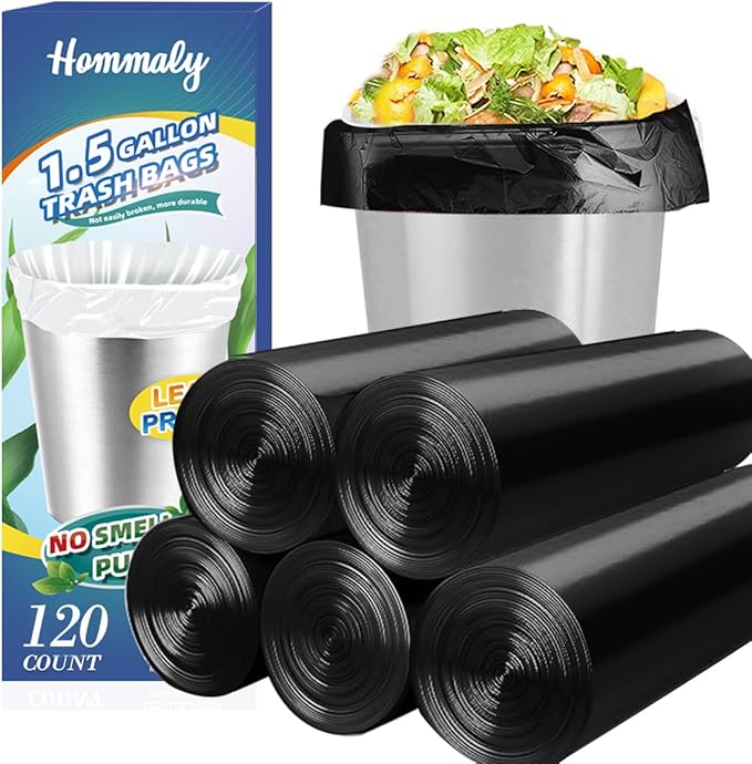 1.5 Gallon 120 pcs Small Black Trash Bags, Strong 1.3 Gallon 1.5 Gallon 1.6 Gallon Garbage Bags, Bathroom Trash Can Bin Liners,Mini Bags Waste Basket Liner,Fit 5-6 Liter, 1.5 Gal-Black-120