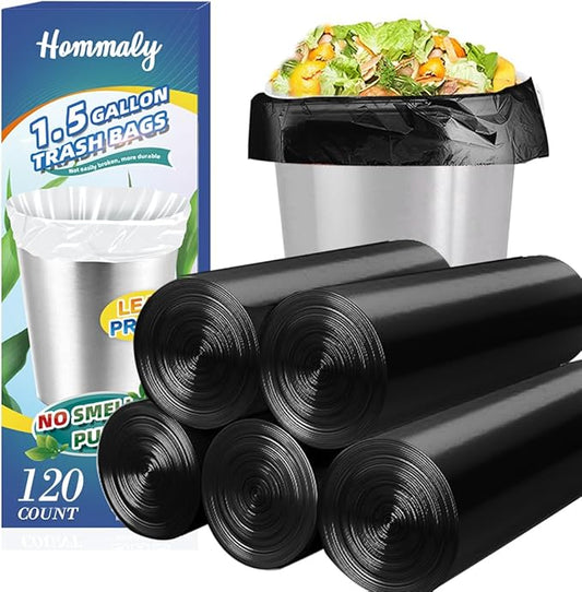 1.5 Gallon 120 pcs Small Black Trash Bags, Strong 1.3 Gallon 1.5 Gallon 1.6 Gallon Garbage Bags, Bathroom Trash Can Bin Liners,Mini Bags Waste Basket Liner,Fit 5-6 Liter, 1.5 Gal-Black-120