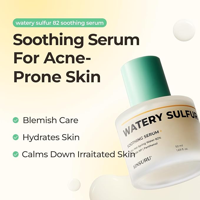 Watery Sulfur 82 Soothing Serum – Gentle Daily Face Serum for Acne-Prone & Sensitive Skin with 82% Sulfur Hot Spring Water, Fragrance-Free Formula | Korean Skincare (1.69 fl.oz / 50ml)