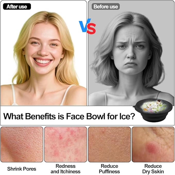 Face Bowl for Ice with Built-In Icetray, Facial Plunge Bowl with Face Wash Headband Wristband Set and Face Mask Brush Applicator, Silicone Ice Facial Foldable Washbasin,Ice Bath for Face (Black)