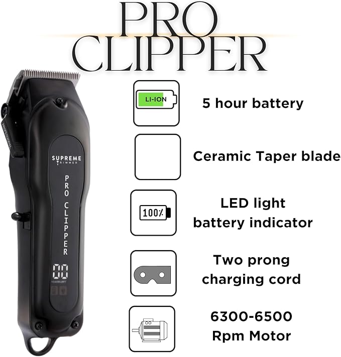 Supreme Trimmer Pro Clipper All Metal w/Taper Blade | 300 Min Run Time Professional Hair Clipper Set, Cordless Beard Trimmer | STC5030 Black