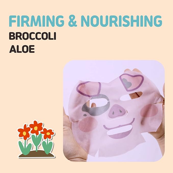 Epielle Animal Character Sheet Masks Pig 6 Pack, Firming & Nourishing Face Mask Skincare with Broccoli & Aloe, Girls Spa Party Favors, Sleepover, Self Care Gifts for Women, Korean Skin Care