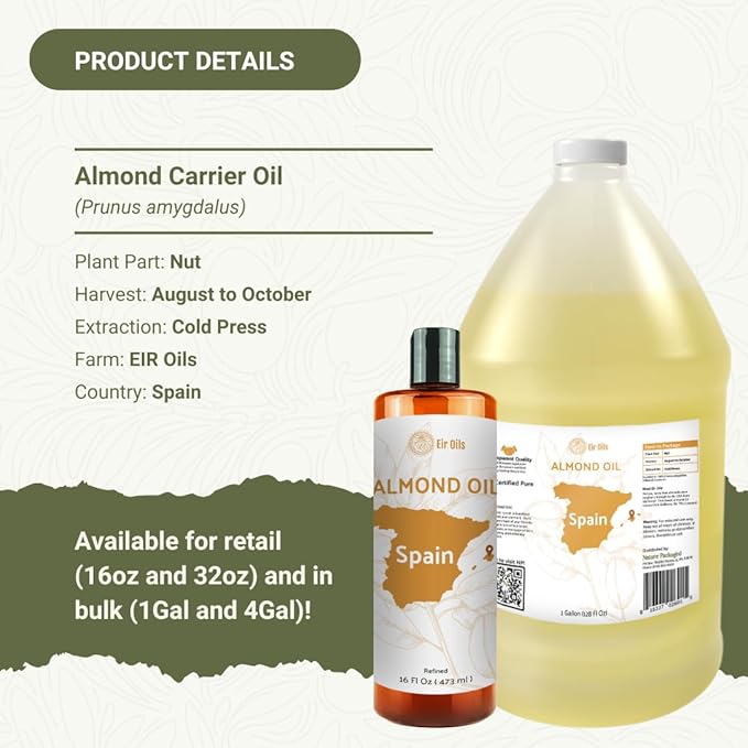Nature Packaged Sweet Almond Oil - for Skin and Hair - Carrier Oil for Essential Oils Mixing - From EIR Oils' Farm in Mallorca, Spain - 4 Gallons