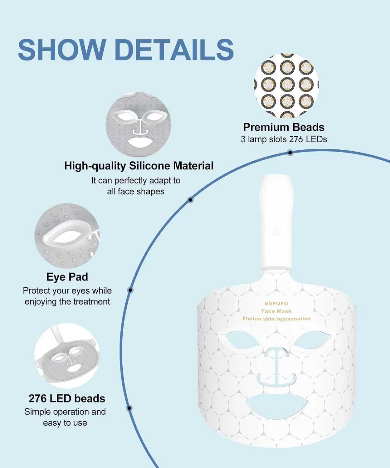 Red Light Photon Facial Mask with Wireless Rechargeable Design, 7 Custom Modes with Infrared, Portable & Rechargeable for Home Use