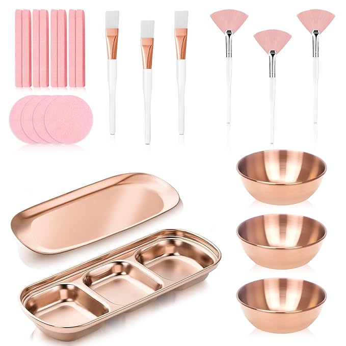 23 Pcs Rose Gold Esthetician Supplies 3 Stainless Steel Facial Mask Mixing Bowls 3 Facial Fan Brushes 3 Flat Brushs Skincare Tray 3-Compartment Serving Tray 12 Compressed Facial Sponges for Skin Care