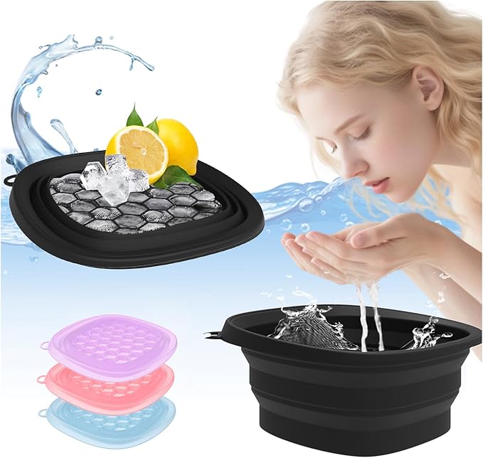 Face Bowl for Ice with Built-in IceTray,Collapsible Silicone Face Ice Bowl – Cold Plunge Therapy for Skin Tightening & Facial Treatment– Portable Spa Tool for Home & Travel（Black)