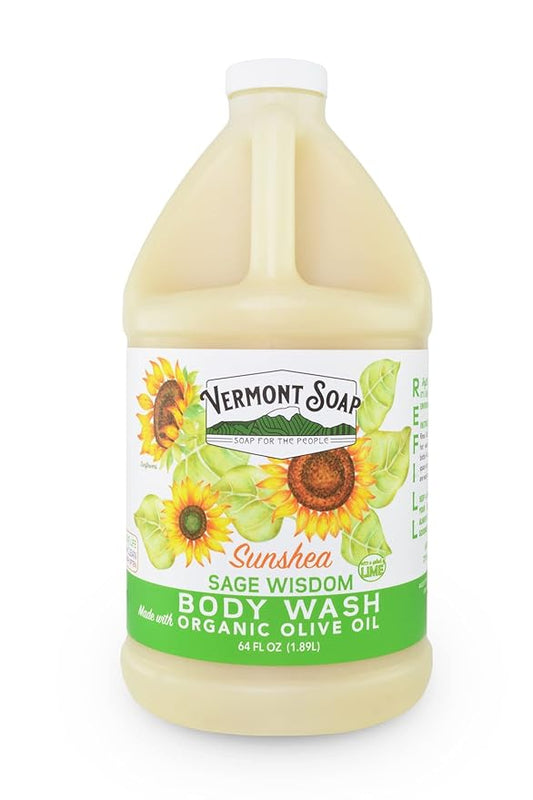 VERMONT SOAP , Natural body wash with Shea Butter, Mild Gel for Moisturizing and Soothing Skin, Fragrance Free for Women & Men (Sage Lime Wisdom, 64oz)
