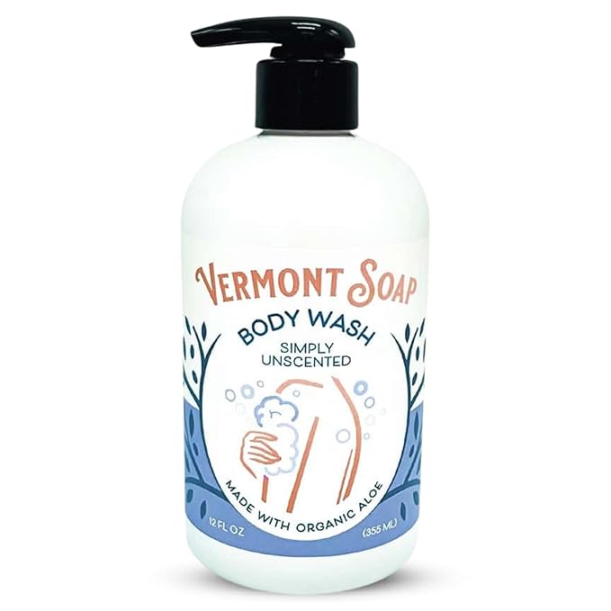 VERMONT SOAP Body Wash, Natural Body Wash with Shea Butter, Mild Gel Body Wash for Moisturizing and Soothing Skin, Fragrance Free Body Wash for Women & Men (Simply Unscented, 12oz)