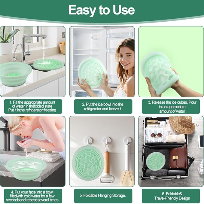 Face Bowl for Ice with Built-In Icetray, Facial Plunge Bowl with Face Wash Headband Wristband Set and Face Mask Brush Applicator, Silicone Ice Facial Foldable Washbasin,Ice Bath for Face (Green)