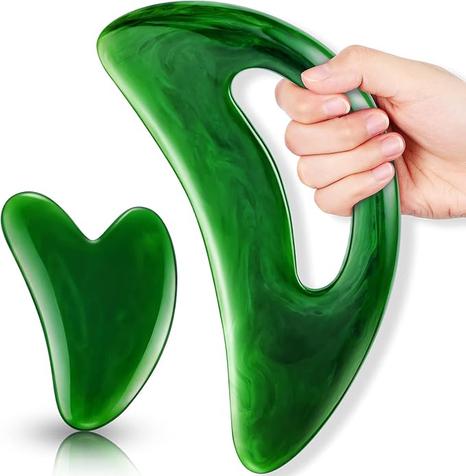 BBTO 2 Pcs Body Gua Sha Tool Large Resin Scraping Tools with Handle for Back, Neck, Face, Leg - Lymphatic Drainage, Cellulite Removal, Muscle Relief (Green)
