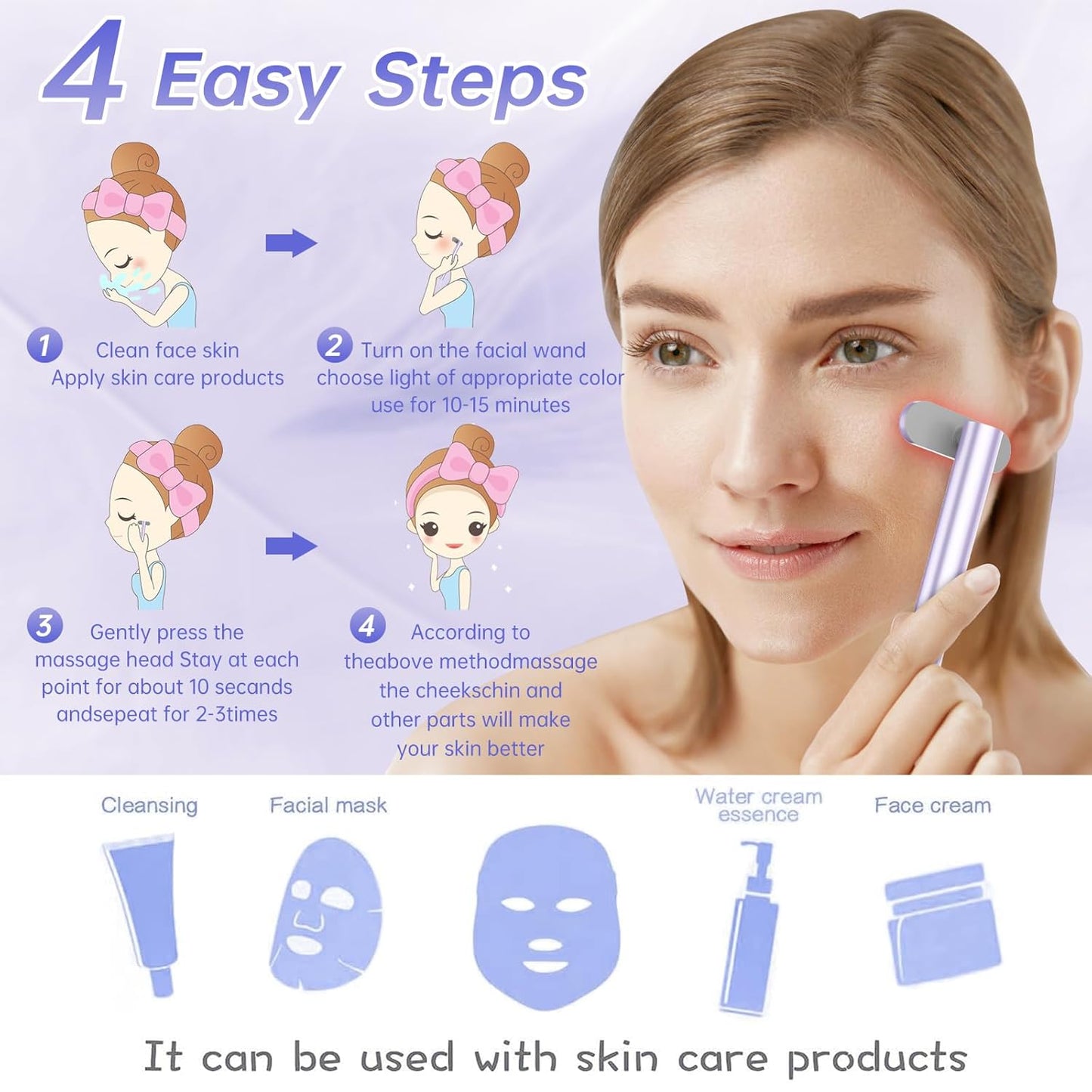 Light-Therapy-Wand, Red Light Therapy for Face and Neck Facial Wand 7 in 1 Led Beauty Wand Red & Blue Rejuvenation Face & Eye Massager Skincare Tool