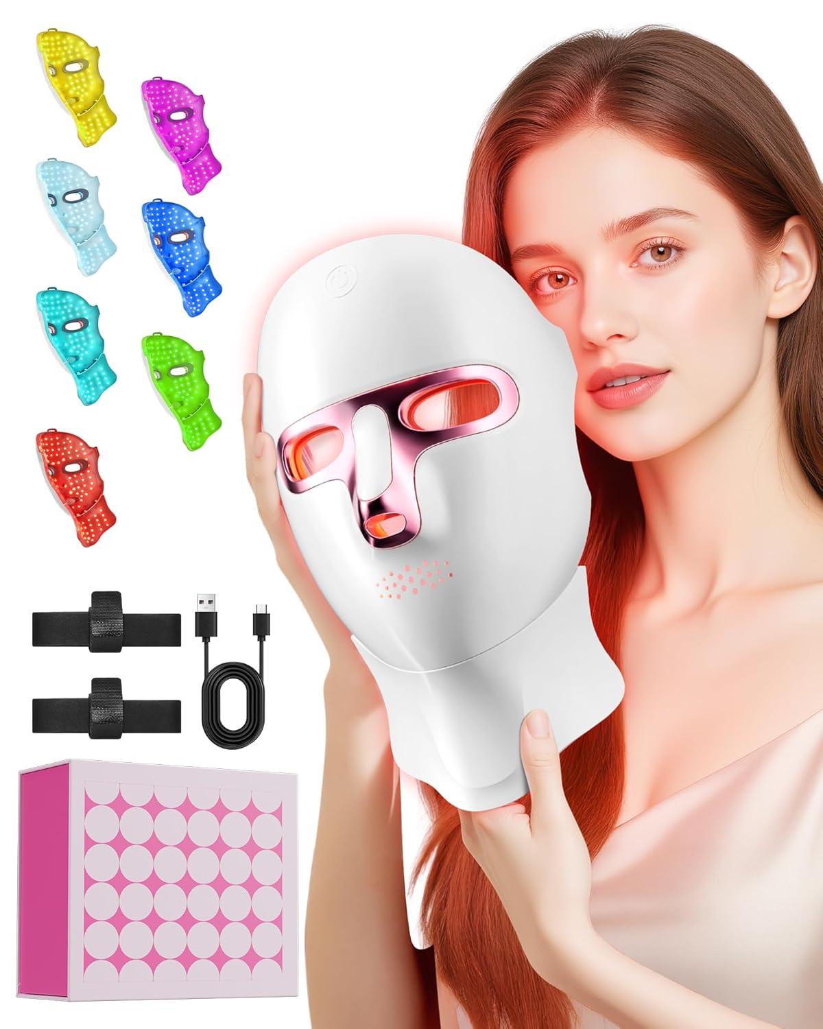 FOLOKE Red Light Therapy Mask for Face & Neck, LED Face Light Therapy,USB C Rechargeable,Infrared Mask for Home Working Travel Yoga (purple pink)