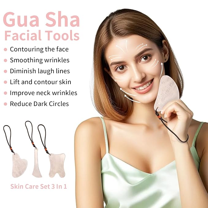 Skin Care Set, 1 Pack 3 in 1 Jade Gua Sha Massager, Pink,Guasha Tool for Face and Body, Truly Beauty Products