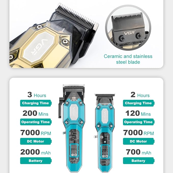 VGR Professional Hair Clippers for Men, Cordless Barber Clippers and Trimmers Set, Mens Hair Cutting Kit with 10 Guide Combs, USB Rechargeable Haircut Machine for Family, LED Display, Green