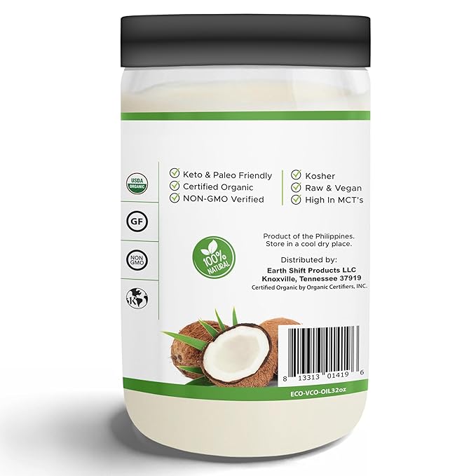 Earth Circle Organics Premium Ultra Pure Extra Virgin Organic Coconut Oil, Cold Pressed, Baking, Smoothies, Skin & Hair Care, Gluten-Free, Keto & Paleo Friendly (32 Ounce Unrefined)