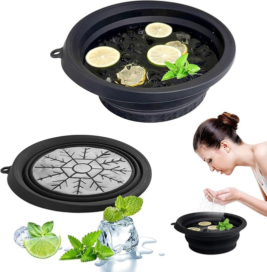 Face Bowl for Ice with Built-in Icetray, Foldable Silicone Facial Plunge Bowl for Skincare, Face Clean Washbasin Bowl, Skin Tightening & Acne Relief, Portable Spa Tool for Home Travel - Black