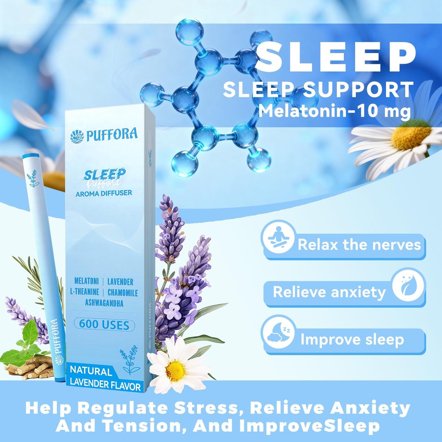 Melatonin Diffuser Pen, Extracts of Lavender, L-Theanine and Ashwagandha, Supports Restful & Comfortable Sleep, Stress Relief - 600 Uses