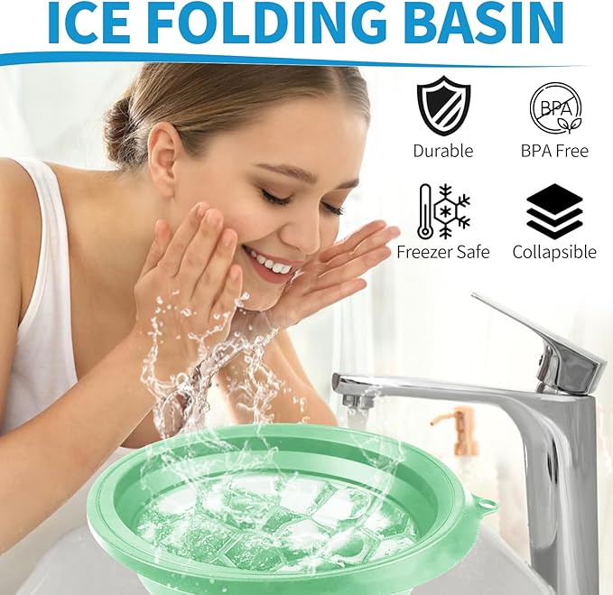 2PCS Large Bowl for Face Ice Bath Foldable Bowl with Built-in Ice Tray Collapsible Silicone Sink for Dipping Face Bath Portable Spa Tool for Home & Travel Reducing Puffiness (Green)