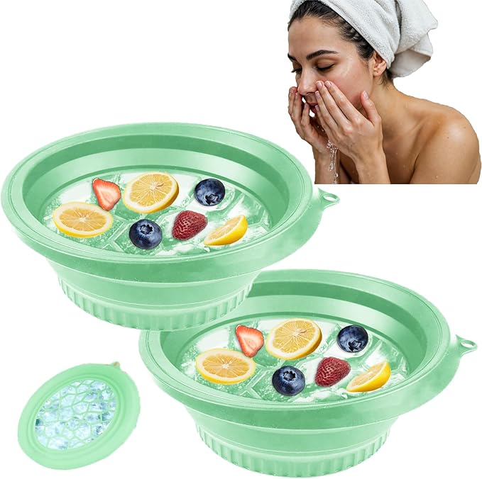 2PCS Large Bowl for Face Ice Bath Foldable Bowl with Built-in Ice Tray Collapsible Silicone Sink for Dipping Face Bath Portable Spa Tool for Home & Travel Reducing Puffiness (Green)