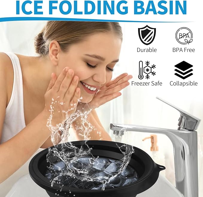 2PCS Large Bowl for Face Ice Bath Foldable Basin with Built-in Ice Tray Collapsible Silicone Bowl for Dipping Face Bath Portable Spa Tool for Home & Travel Reducing Puffiness (Black)