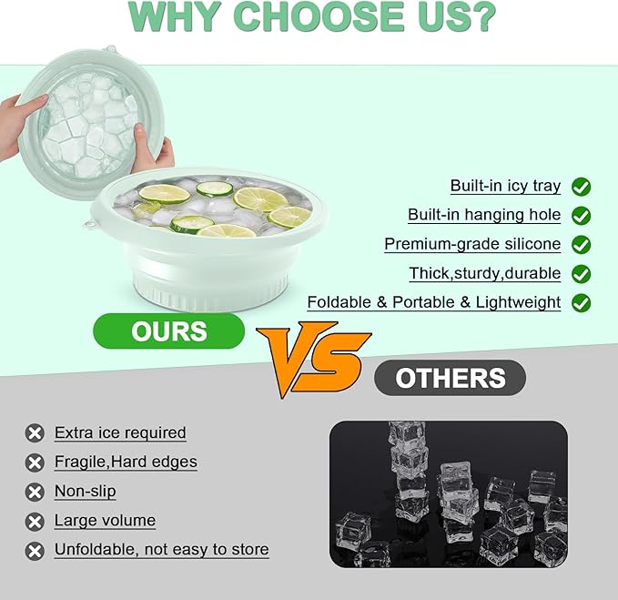 Face Bowl for Ice with Built-in Ice Tray, Collapsible Facial Ice Bath Bowl for Skin Tightening, Acne Relief Cold Plunge Therapy, Portable Spa Tool for Home & Travel (Green)