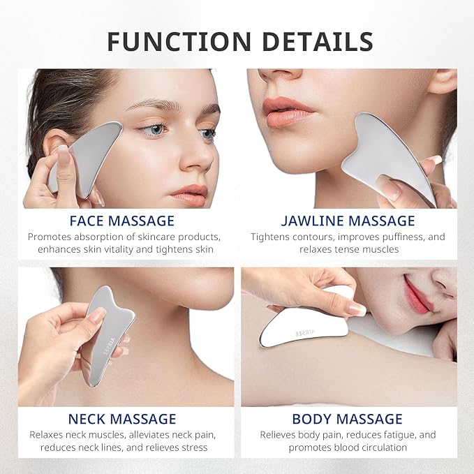 AIRSEE Gua Sha Facial Tools, Stainless Steel Gua Sha Board, Tighten Skin Massage, Beauty Tool for Body Eyes Neck Metal Massager with Travel Pouch Skin Care Gifts (Silver)