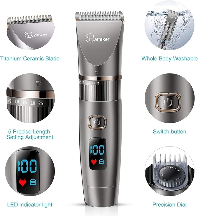 Hatteker Beard Trimmer for Men Professional Hair Clipper Hair Trimmer Shaver Haircut Detail Cutting Kit for Men Cordless Waterproof