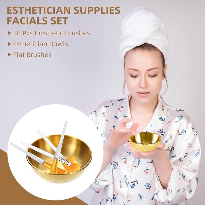 18 Pcs Esthetician Supplies for Facials Set, 6 Gold Stainless Steel Mixing Bowls, 6 Fan Mask Brushes & 6 Flat Applicator Brushes for Estheticians & Home Spa, Facial Mask Mixing Kit