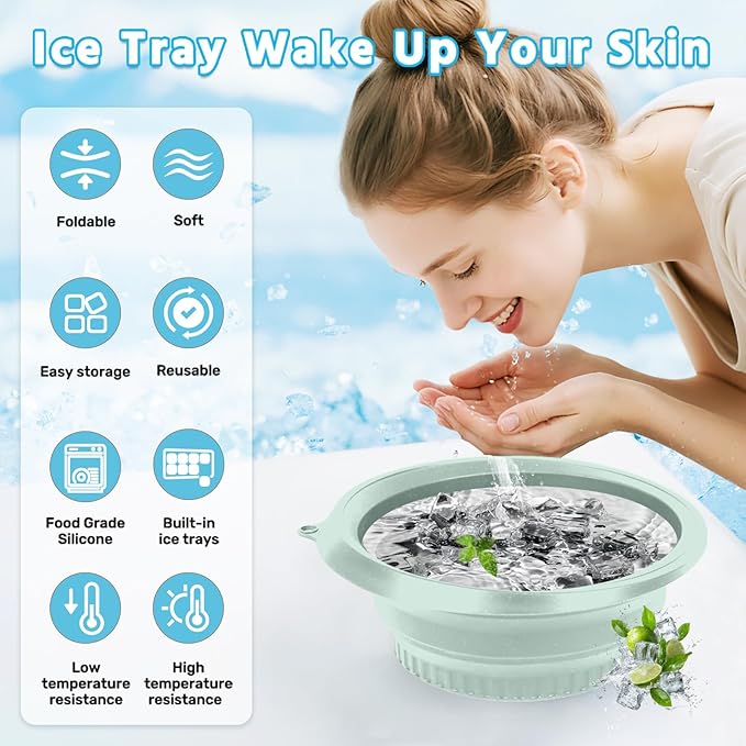 Foldable Silicone Facial Ice Bath Bowl, Ice Face Bowl with Built-in Ice Tray - for Cold Immersion Therapy, Skin Tightening and Acne Relief - Portable Cold Therapy Tool for Home and Travel (Green)