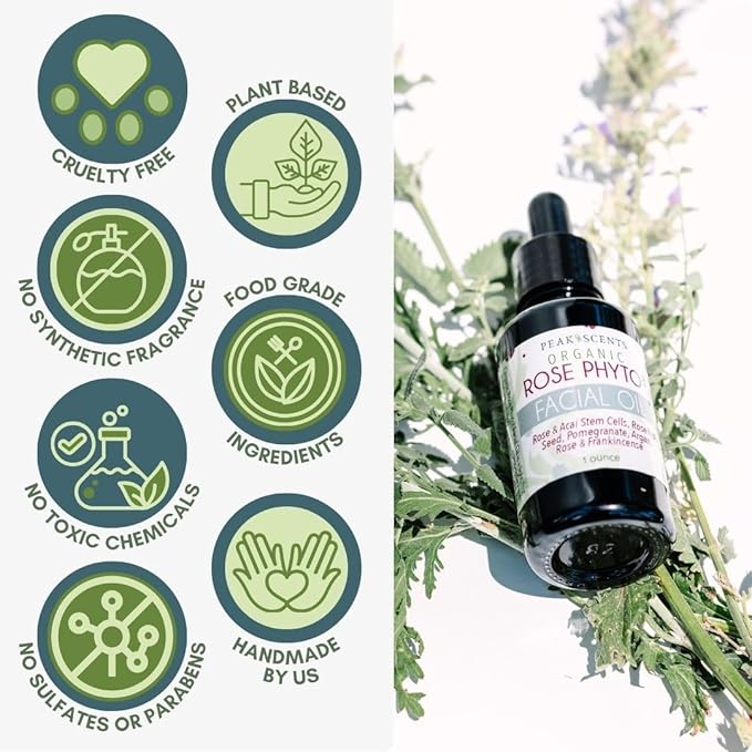 Organic Rose Phyto Facial Oil - Rosehip and Argan Oil Infused with Rose Extract and Frankincense Essential Oil - Ideal for Gua Sha Massage, Anti-Aging Face Oil (1oz)