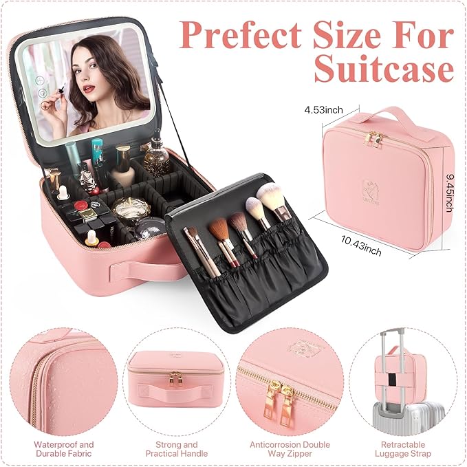 Travel makeup bag with led