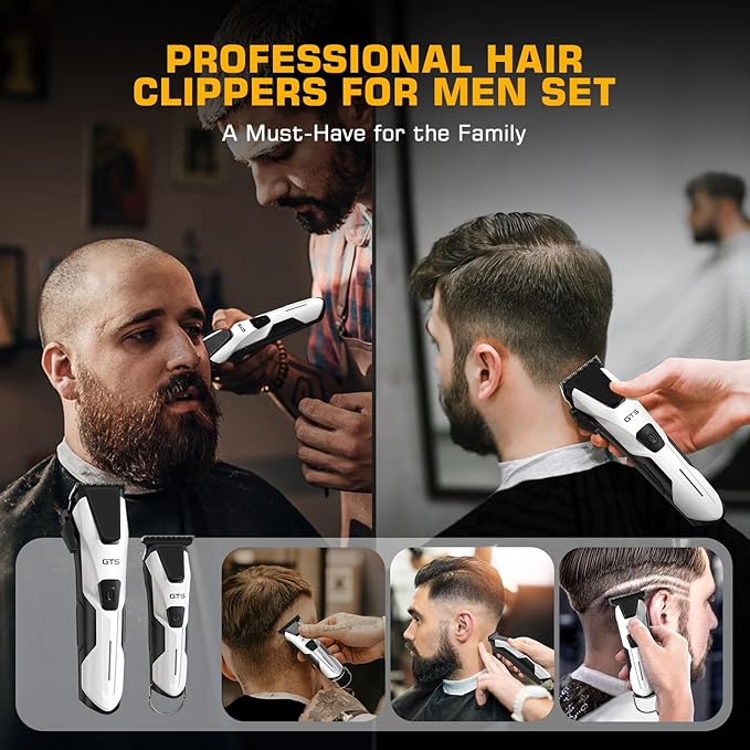 Professional Hair Clippers for Men, Professional Barber Clippers and Trimmer Set, Mens Cordless Hair Clipper for Barbers Haircut Kit Fade White