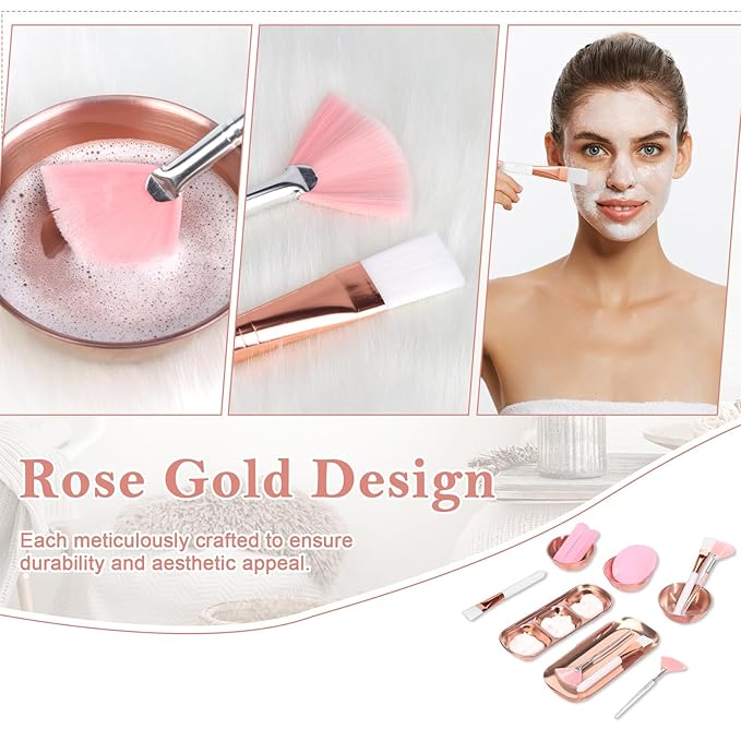 23 Pcs Rose Gold Esthetician Supplies 3 Stainless Steel Facial Mask Mixing Bowls 3 Facial Fan Brushes 3 Flat Brushs Skincare Tray 3-Compartment Serving Tray 12 Compressed Facial Sponges for Skin Care