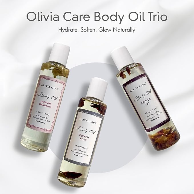 Olivia Care 3 Pack Body Oils: Apricot Fig, French Rose, Jasmine Gardenia - Natural Perfume Oils For Women & After Bath Oils Body Moisturizers, Rich in Vitamin E, K, & Omega (3 Scents)
