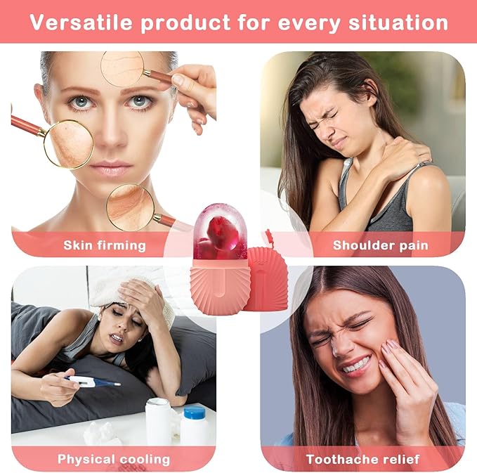 KOGITI Face Ice Roller & Mold - Beauty Facial Massage Tool for Puffiness Relief, Ice Cube Holder (Shell-Pink)