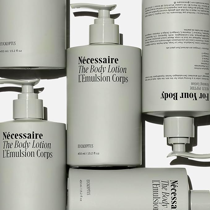 Nécessaire The Body Lotion with Pump. Eucalpytus. Multi-Peptide Firming Lotion to Moisturize, Firm, Strengthen. 2.5% Niacinamide, Vitamin C/E + Omega 6/9. 450ml / 15.2 fl oz