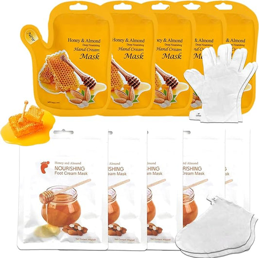 Foot Mask Hand Mask Hydrating 10 Packs Honey Almond Extract Gloves Socks Masks Intensive Moisturizing Repairing Masks Spa Skin Care Women for Dry Cracked Hands Feet Self Care Elitzia ETHHM