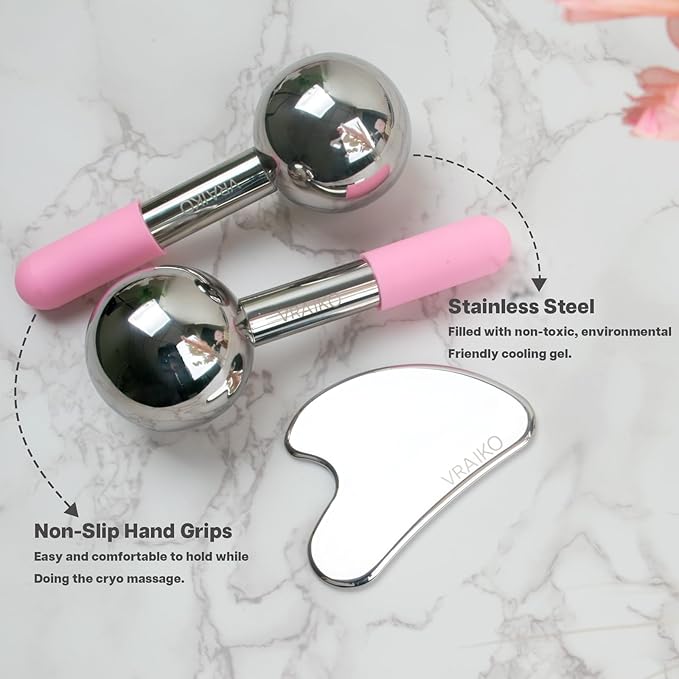 ICE Globes for Facials & Gua Sha Set, Gua Sha Facial Tools and Cryo Sticks with Unbreakable Steel, Face Massager Cooling Rollers for Dark Circles, Puffiness and Lymphatic Drainage (Pink)