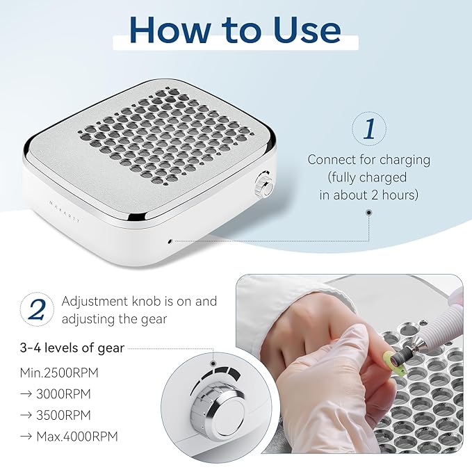 Makartt Nail Dust Collector: Rechargeable Fan Nail Extractor Vacuum with Reusable Filter, 4000 RPM Powerful Suction, Adjustable Speed Portable for Manicure Salon Home (Sylvee)
