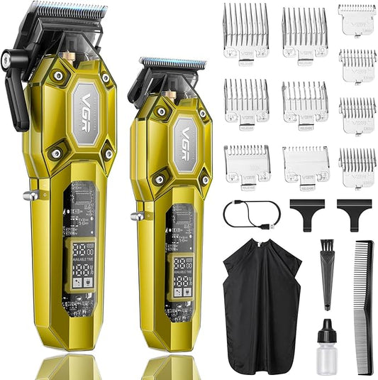 VGR Professional Hair Clippers for Men, Cordless Barber Clippers and Trimmers Set, Mens Hair Cutting Kit with 10 Guide Combs, USB Rechargeable Haircut Machine for Family, LED Display, Gold