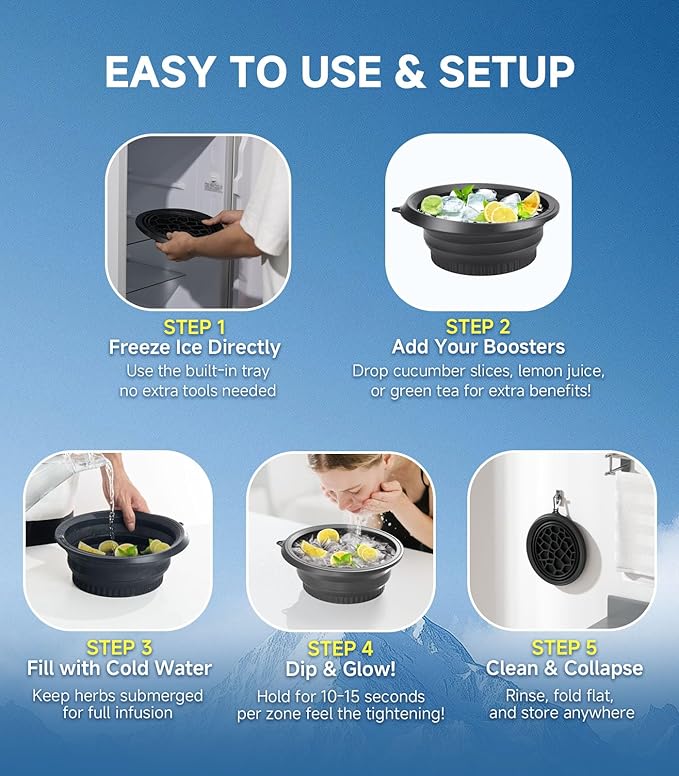 Face Bowl for Ice with Built-in Ice Tray – Collapsible Silicone Facial Ice Bath Bowl for Cold Plunge Therapy, Skin Tightening & Acne Relief – Portable Spa Tool for Home & Travel(Black)