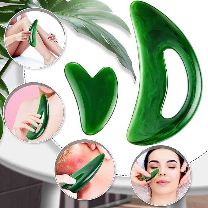 BBTO 2 Pcs Body Gua Sha Tool Large Resin Scraping Tools with Handle for Back, Neck, Face, Leg - Lymphatic Drainage, Cellulite Removal, Muscle Relief (Green)