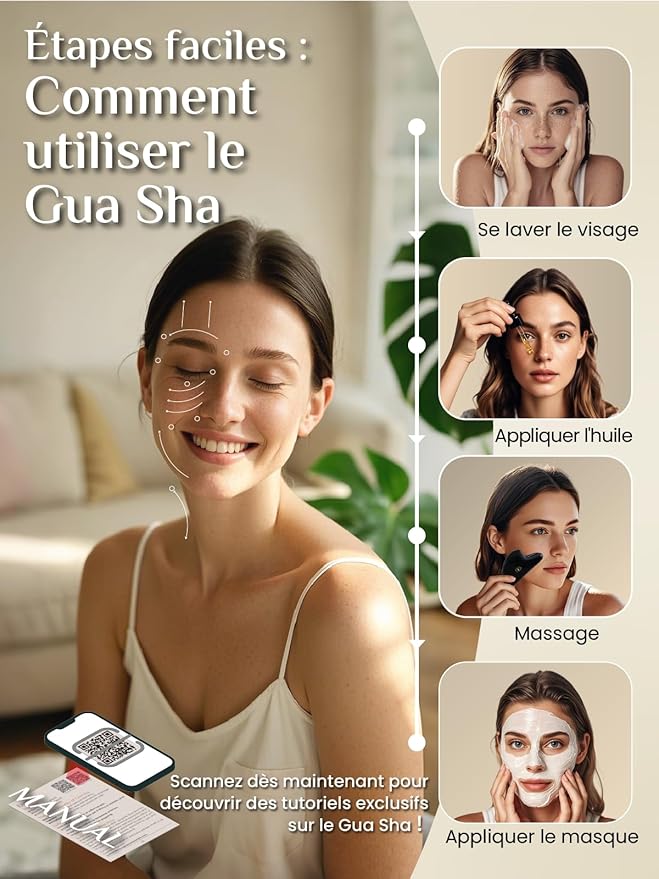 Rena Chris Gua Sha Facial Tools, Ergonomic Black Obsidian Jade Guasha Tool for Face Massage, Manual Facial Massager Tool for Jawline Sculpting and Puffiness Reduction with Silicone Case (Black)