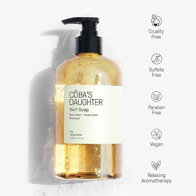 COBA'S DAUGHTER | 3in1 Bubble Bath, Body Wash & Hand Wash for Men and Women | Nourishing Fig & Cedarwood Scent Liquid Soap with Inulin & Seaweed Extract | Cleanses, Softens & Conditions Skin (16.9oz)